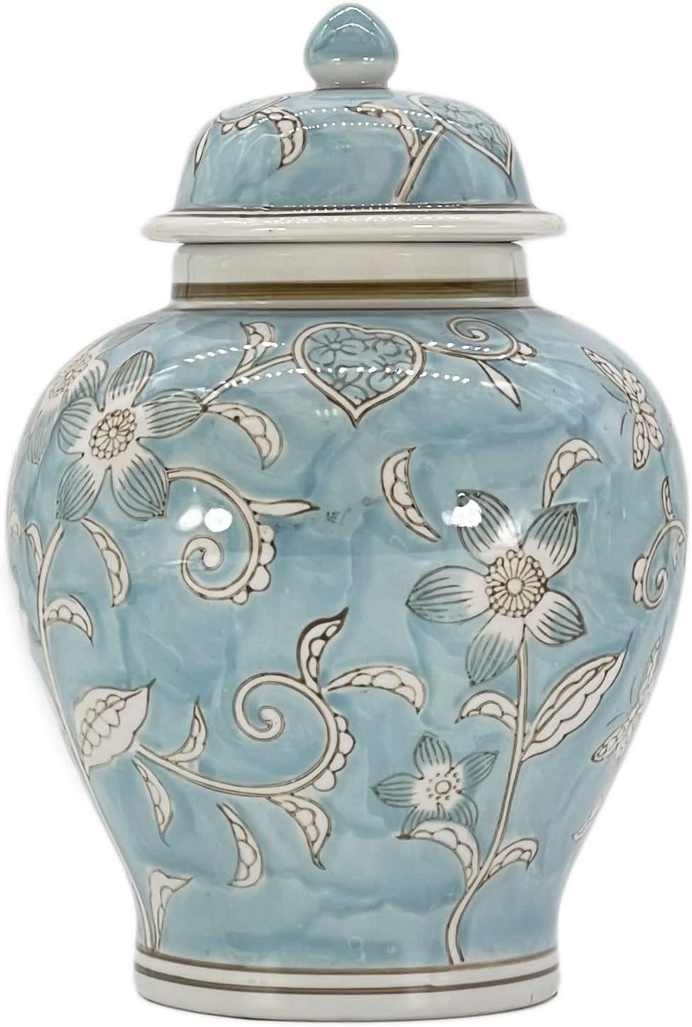 light blue ginger jar with white flowers