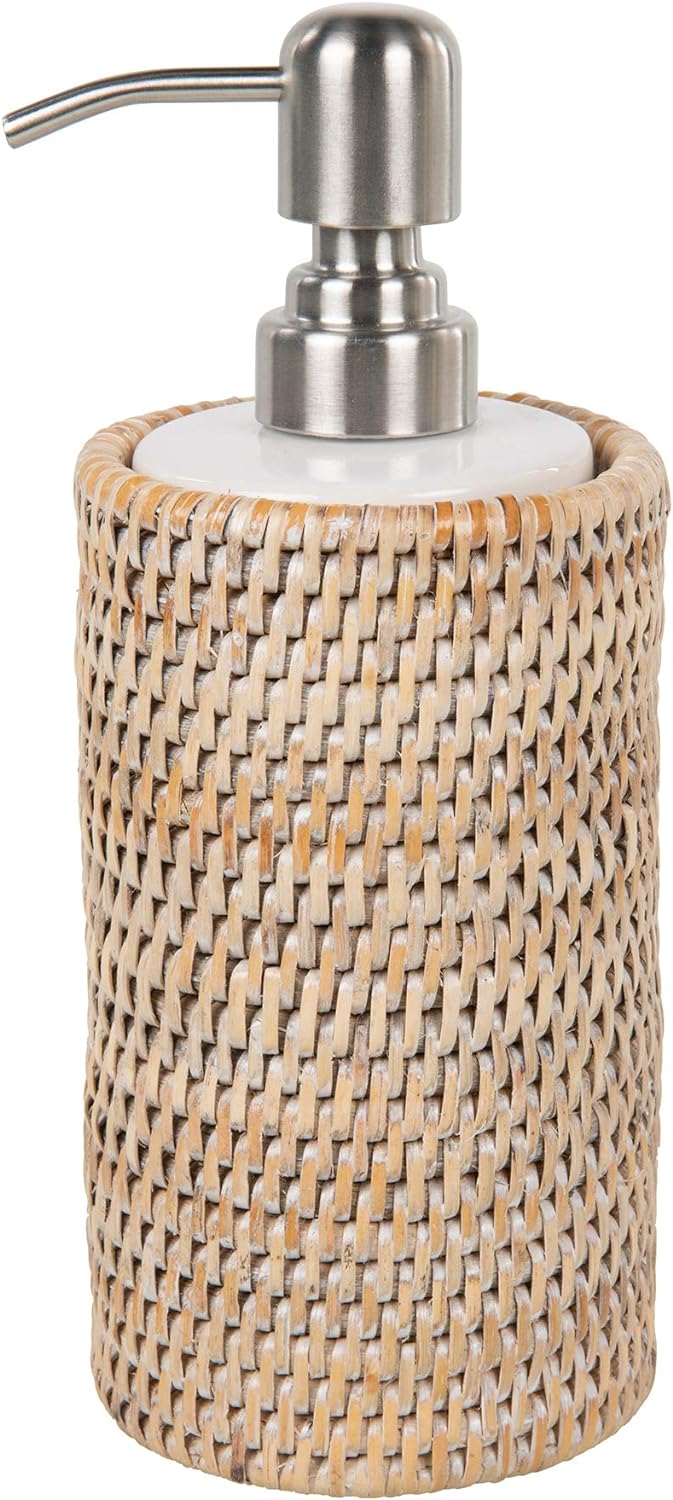 white and silver rattan soap dispenser